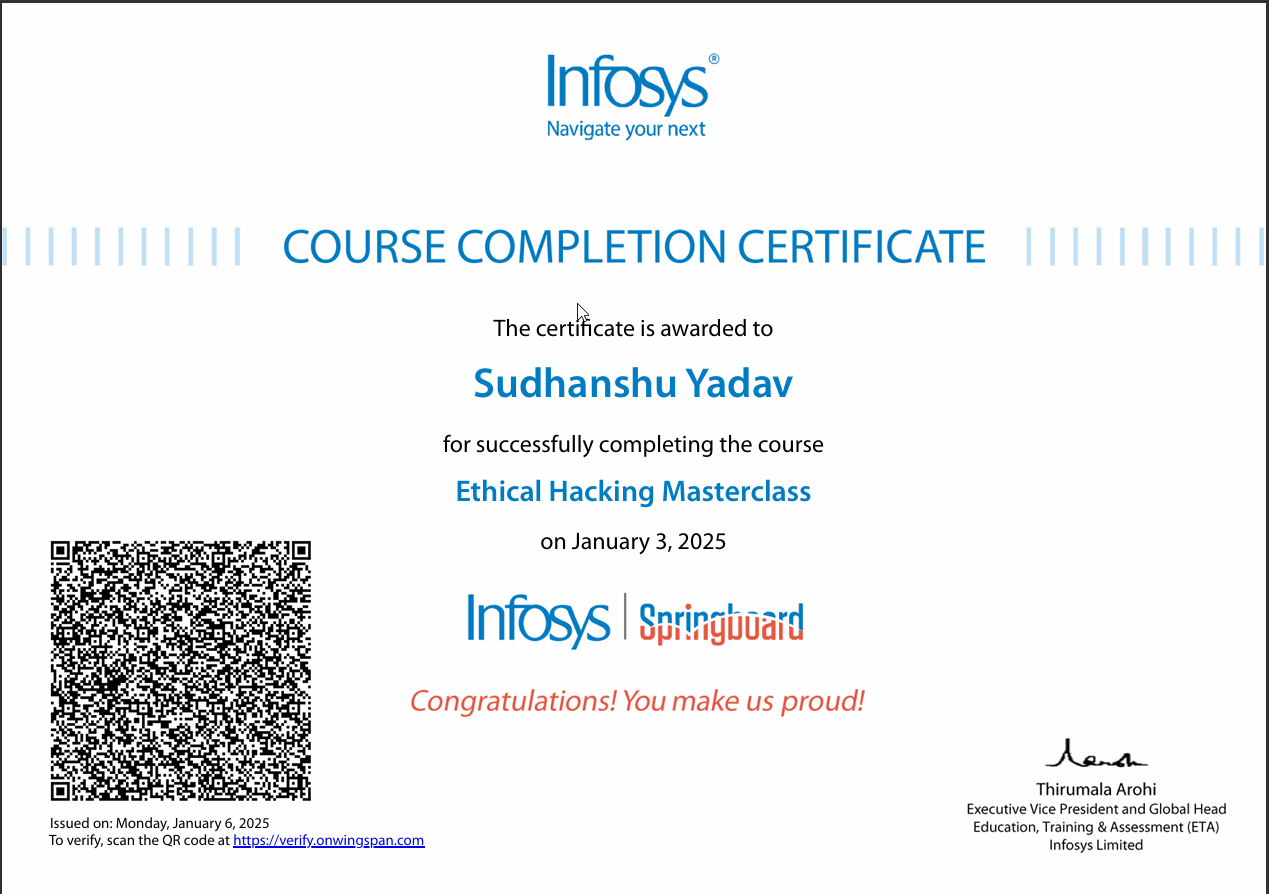 Ethical Hacking Masterclass certificate